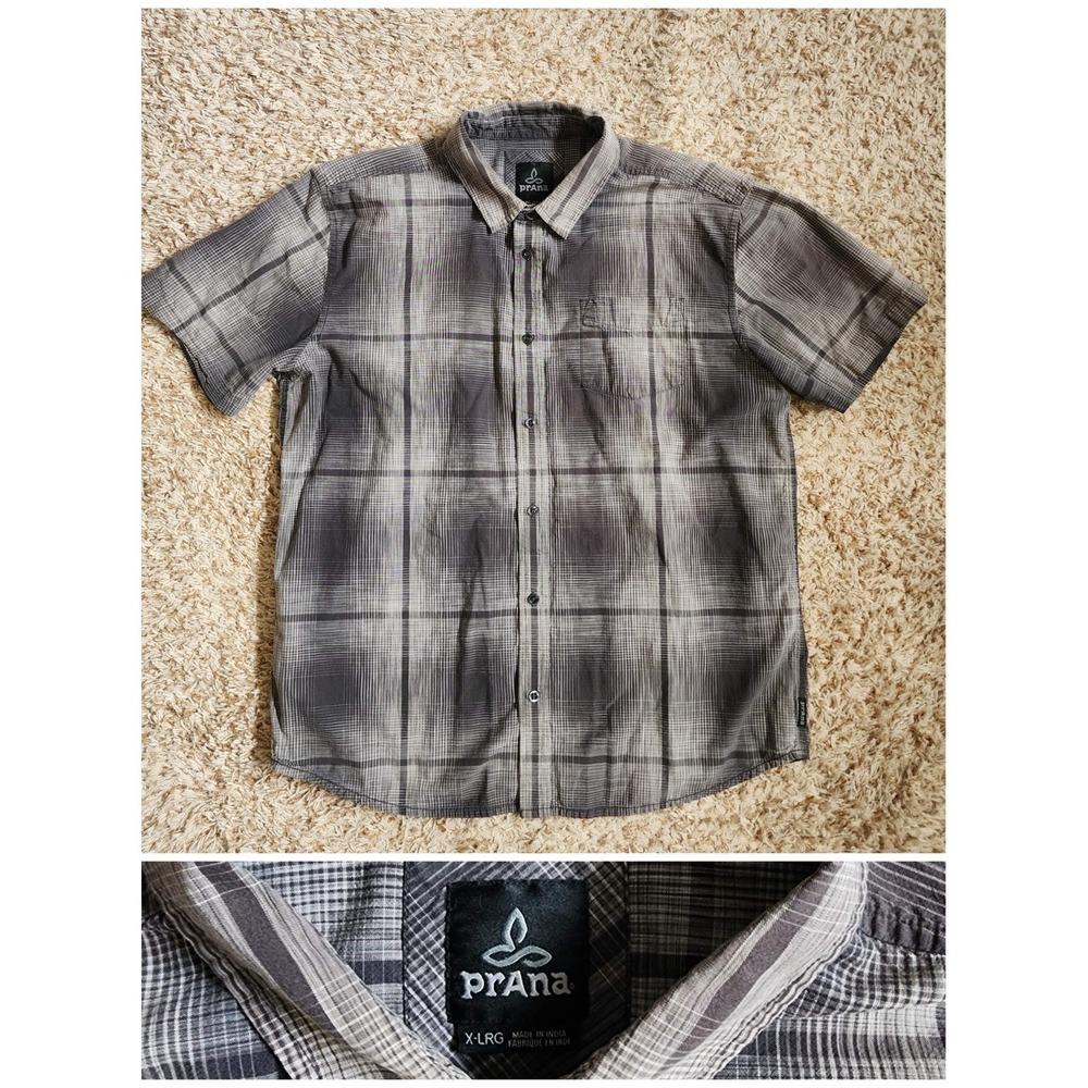prAna Gray Plaid Men Sz XL Short Sleeve Button Up